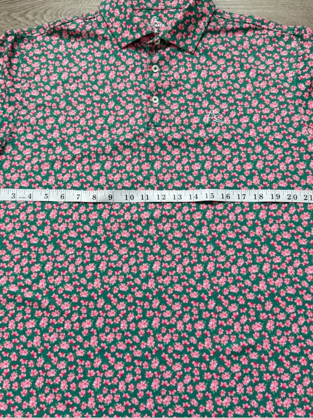 Rhoback Golf Polo Shirt Mens L Green Pink Azalea Flowers Floral Masters Print - Picture 5 of 7